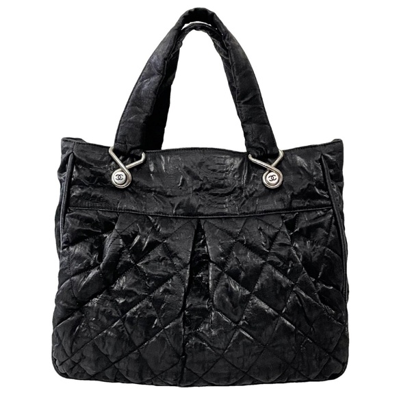 CHANEL Handbags - Chanel black coated shimmer fabric puffer quilted large tote bag